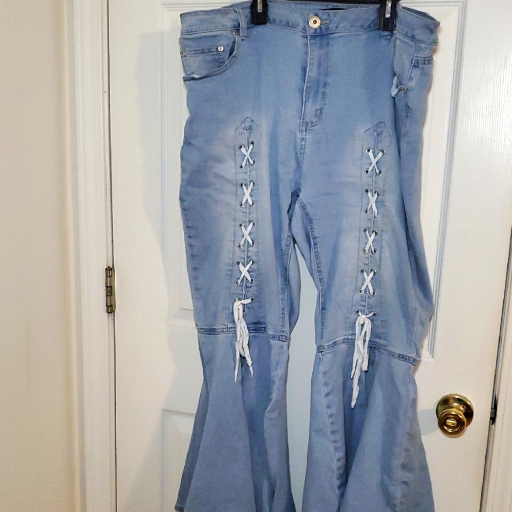 Ashley Stewart Light Blue Lace-Up Wide Leg Jeans